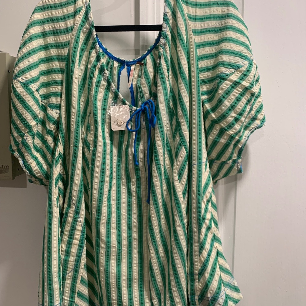 Free People Green & White Striped Peasant Jumpsuit with Blue Tie